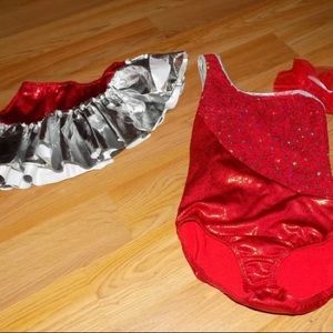 Child Size 6X-7 Cicci Red Metallic Silver Sequined Dance Leotard & Skirt EUC